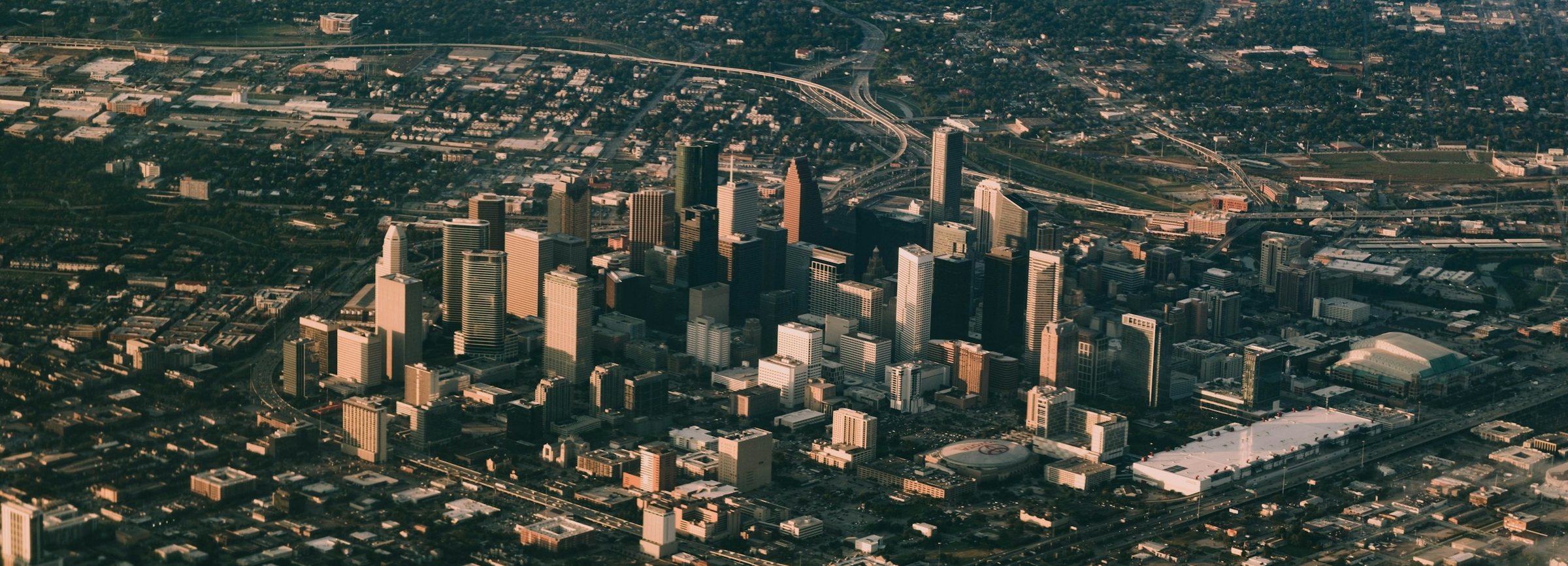 Aerial view of downtown Houston in late-afternoon light