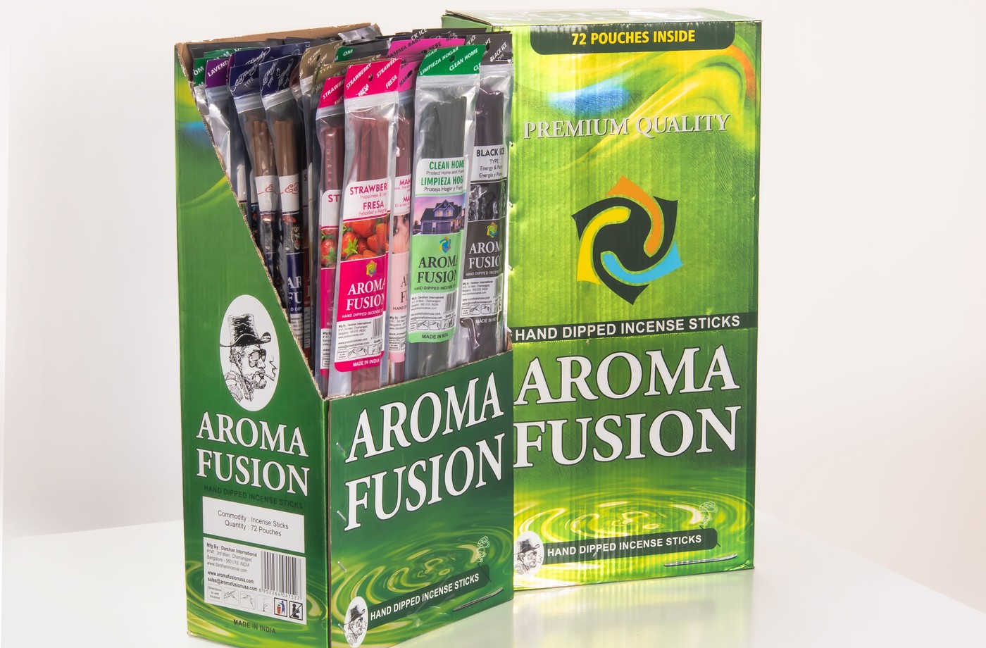 An Aroma Fusion counter display filled with incense pouches