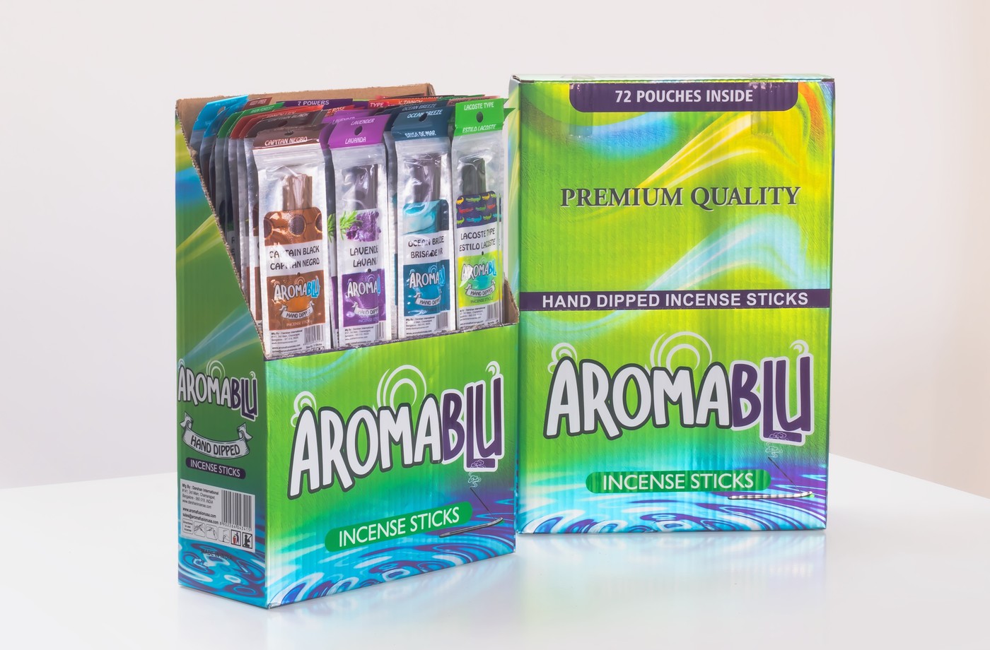 An AromaBlu counter display filled with incense pouches