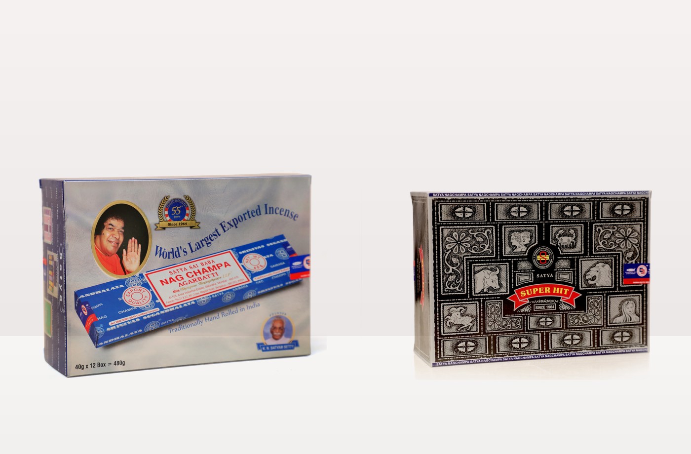 Boxes of Satya Nag Champa and Satya Super Hit incense