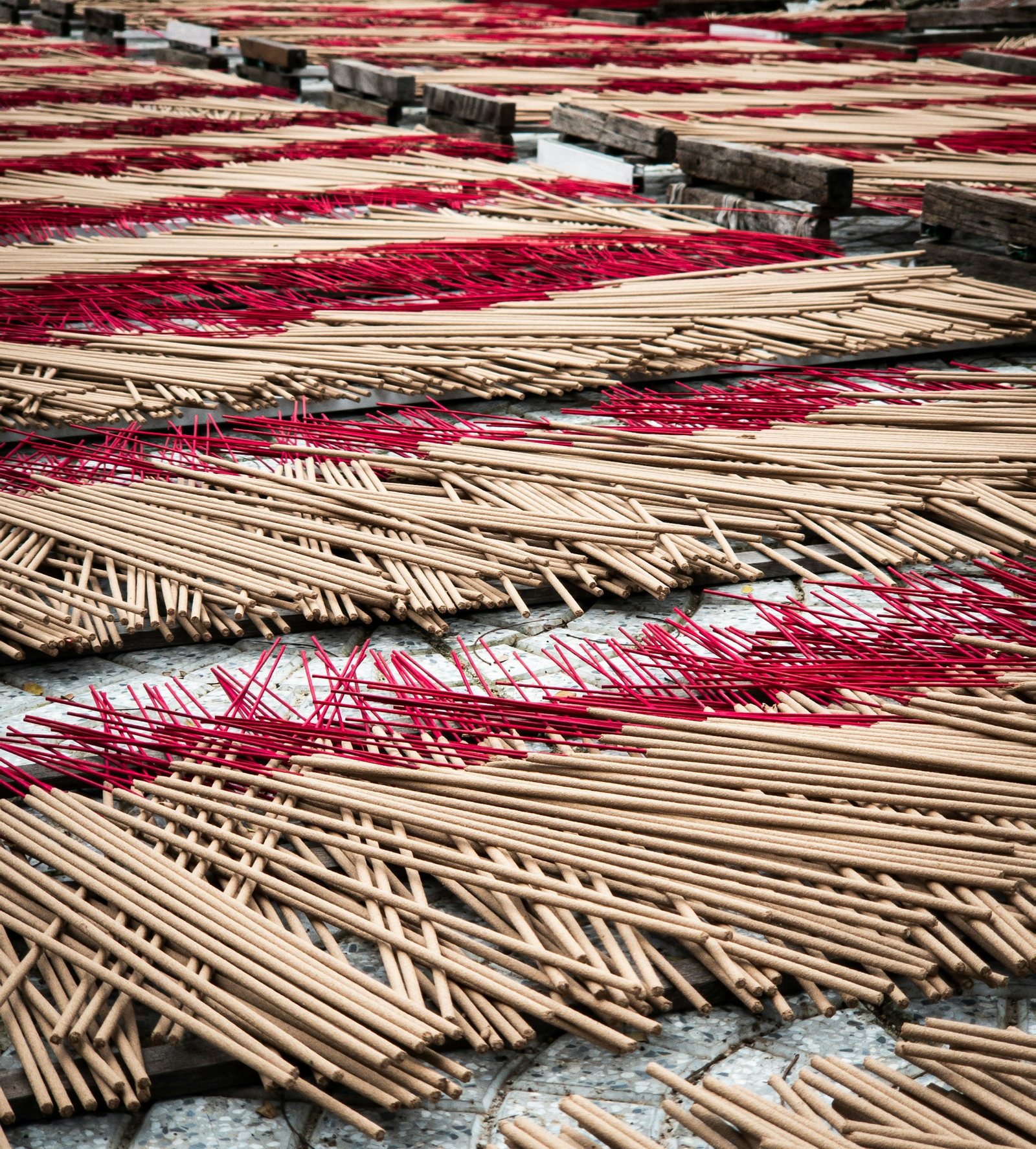 Freshly made incense sticks laid out in rows to dry in the sun